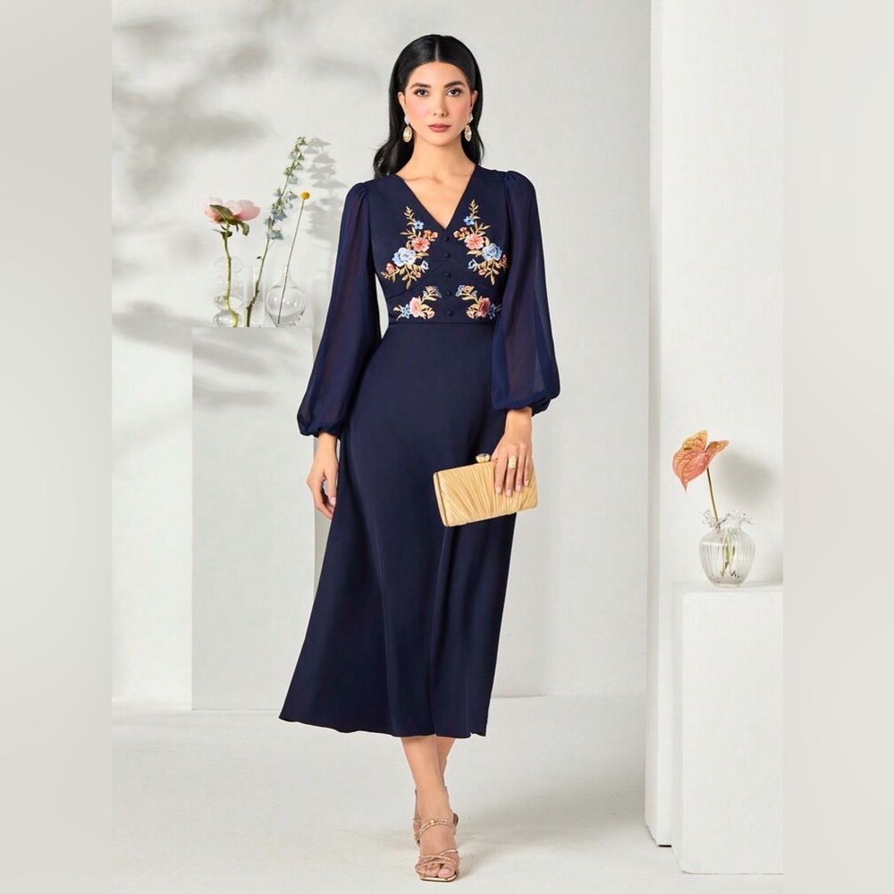 Modelyn Floral Embroidery Lantern Sleeve A-Line Dress